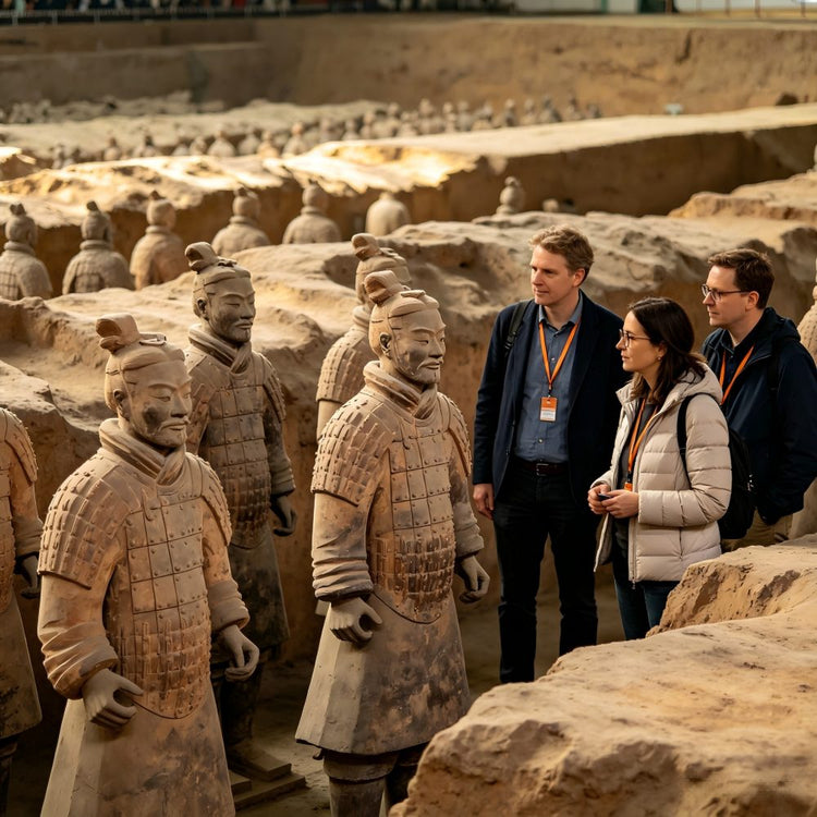 Foreign tourists visiting Terracotta Warriors museum pit, Xi'an