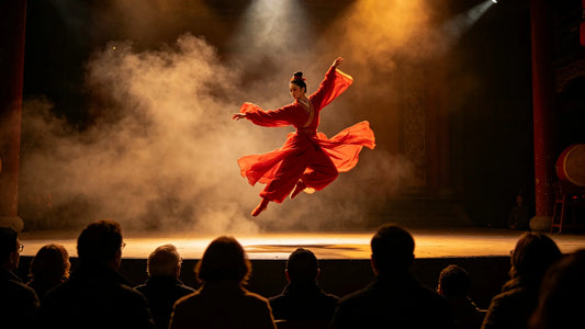 Chinese acrobatics or dance performance on stage with audience silhouettes, best shows to see in China