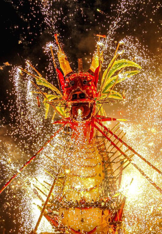 Foreign tourists participating in Fire Dragon Dance at Nianhua Bay Wuxi during Spring Festival