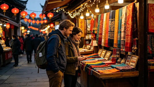 Western travelers shopping at a traditional Chinese market street with red lanterns, silk and handicrafts, China shopping guide