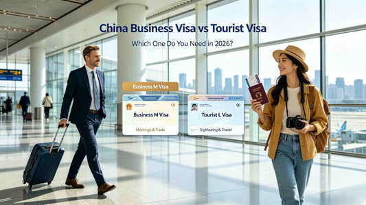 China business visa vs tourist visa: business traveler & tourist at modern airport for 2026 travel planning