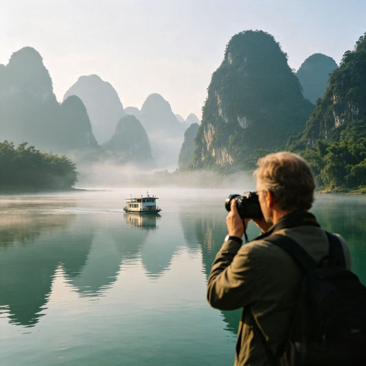 Guilin Yangshuo travel guide, Li River karst scenery with European traveler