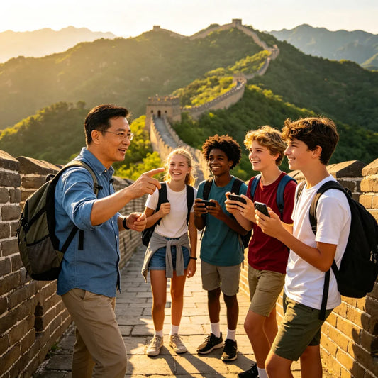 Group of western teenage students exploring the Great Wall of China with an English-speaking tour guide during an educational study tour