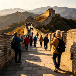 Foreign tourists explore the Great Wall of Beijing during China cultural tour