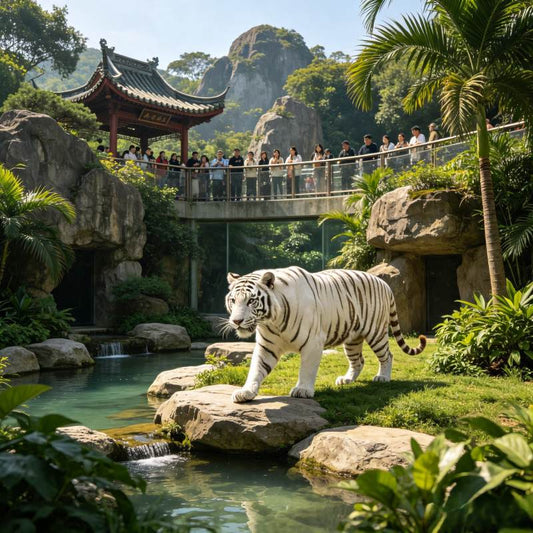 White tiger enclosure with traditional Chinese viewing pavilion and bridge at Chimelong Safari Parkenclosure