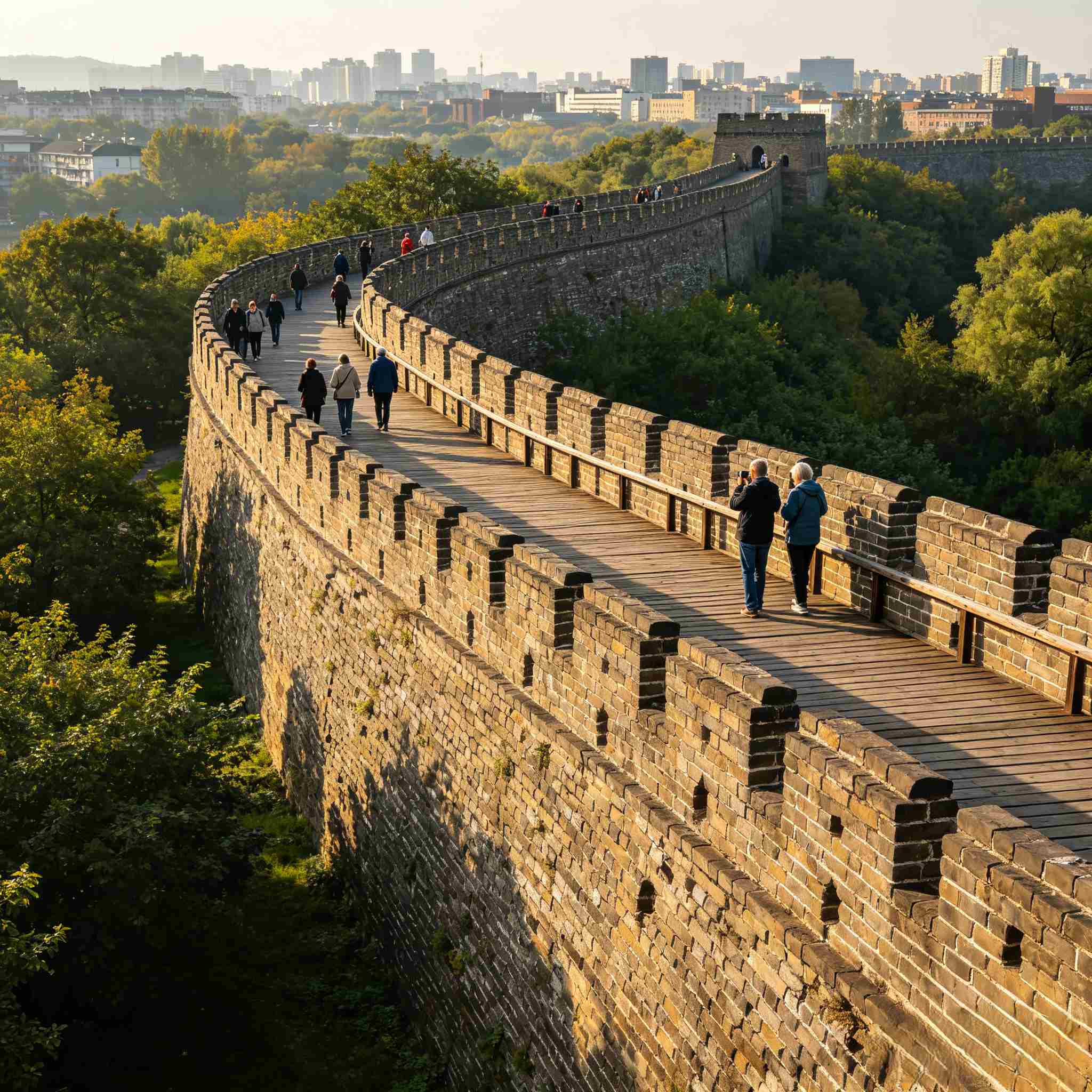 Ancient Ming City Wall of Nanjing, visitors walking along historic stone fortification on private day tour
