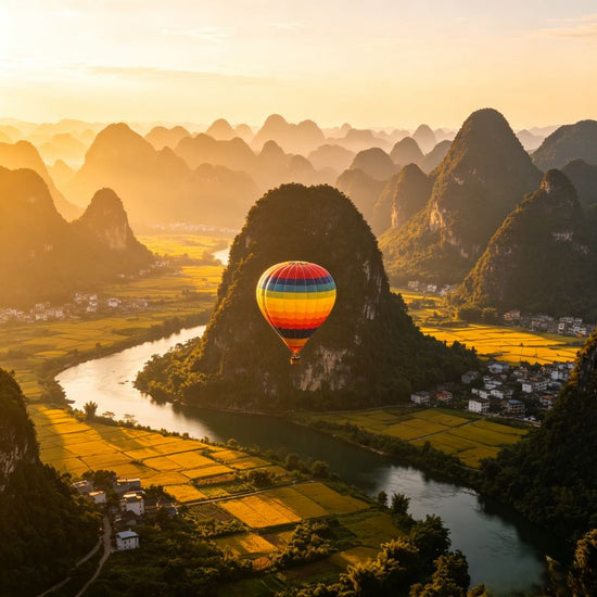 Western travelers taking a hot air balloon ride, aerial view of karst peaks and idyllic countryside landscape, Yangshuo, Guilin, China