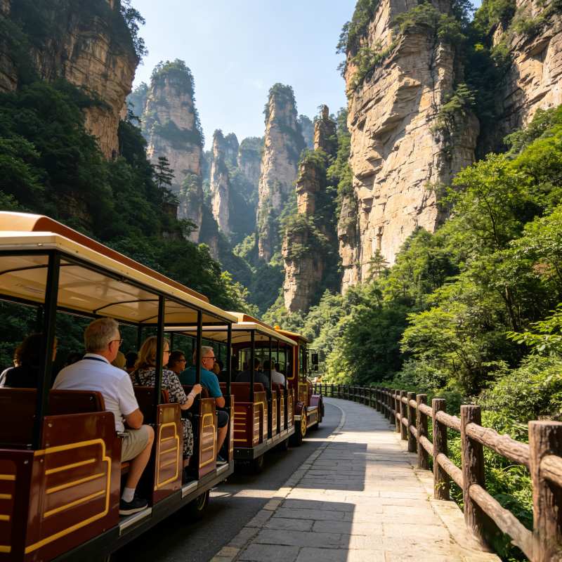 Retro sightseeing train in Ten-mile Gallery gorge, visitors enjoying peak forest scenery, Zhangjiajie