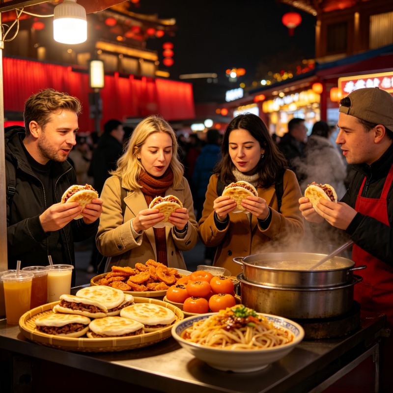 Group of western travelers tasting local street snacks including roujiamo at bustling Xi'an night market