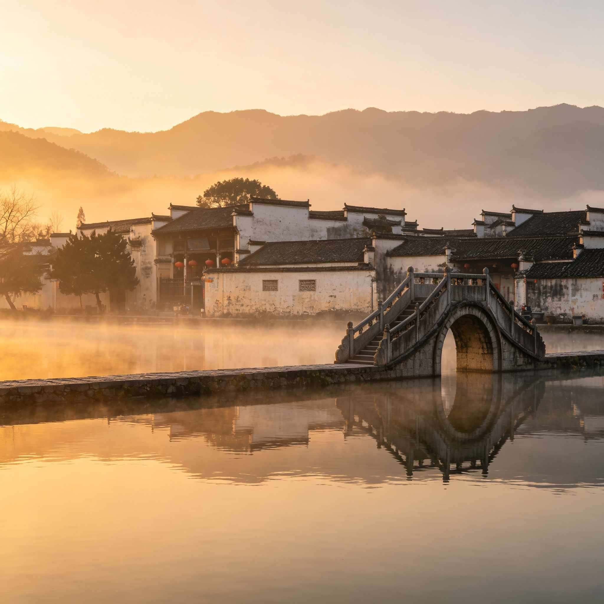 Hongcun Village morning mist with water reflection of Huizhou houses