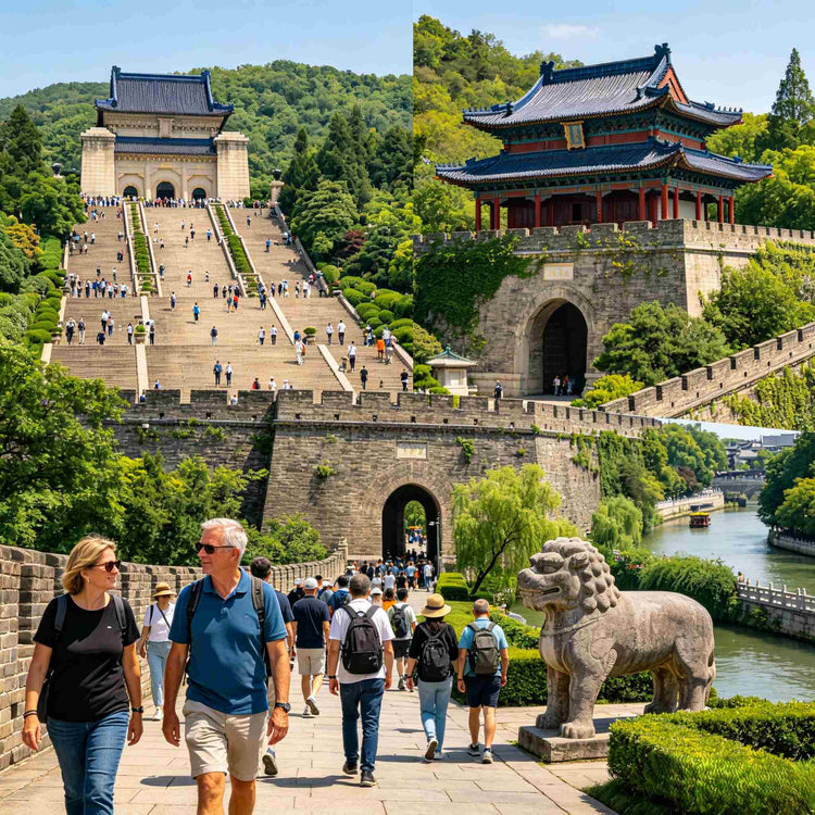 Collage of iconic Nanjing historic landmarks including Sun Yat-sen Mausoleum and Ming City Wall, group of international tourists on private guided day tour