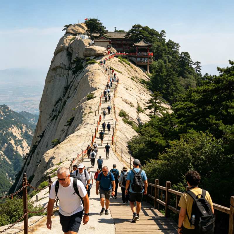 Steep mountain trail of Mount Huashan, hikers climbing the famous granite peaks, Shaanxi China