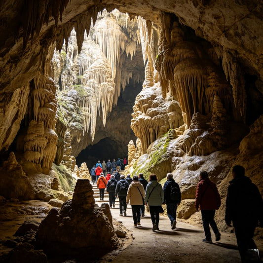 Visitors hiking through Huanglong Cave karst cavern along paved walkway, surrounded by natural stalactite landscape