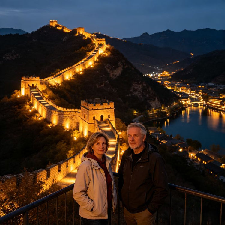 Couple of visitors at Simatai Great Wall night viewing section, Beijing