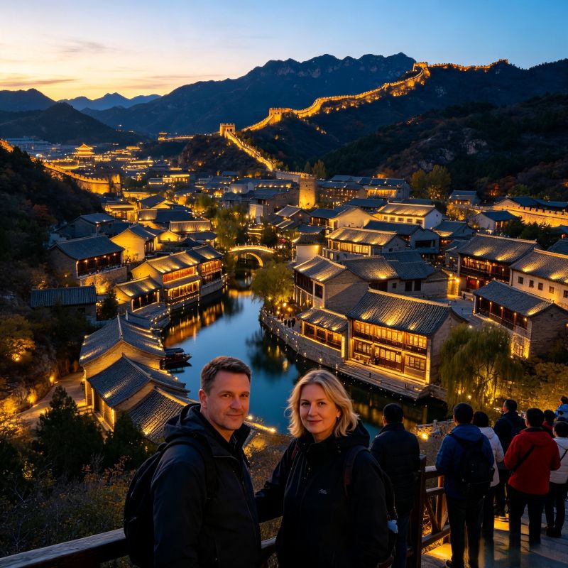 Panoramic night view of Gubei Water Town and Simatai Great Wall with western tourists, Beijing private resort tour