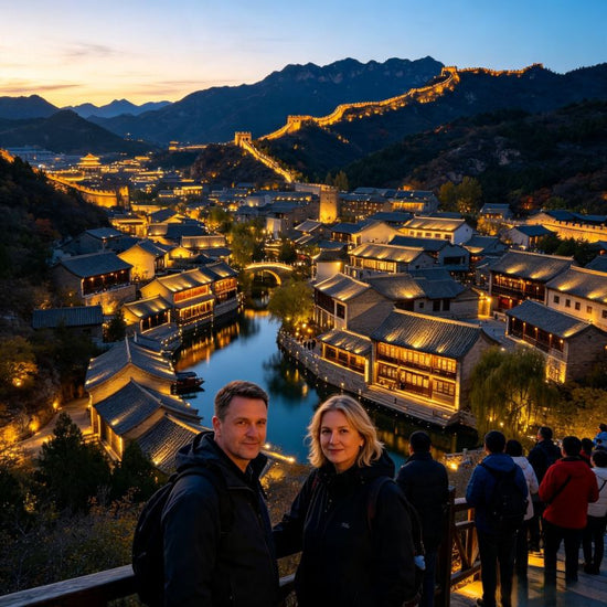 Overhead night view of Gubei Water Town with two western visitors