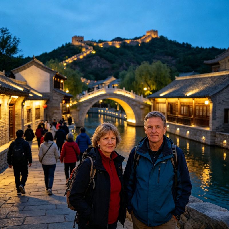Couple of tourists by stone arch bridge in Gubei Water Town evening scenery