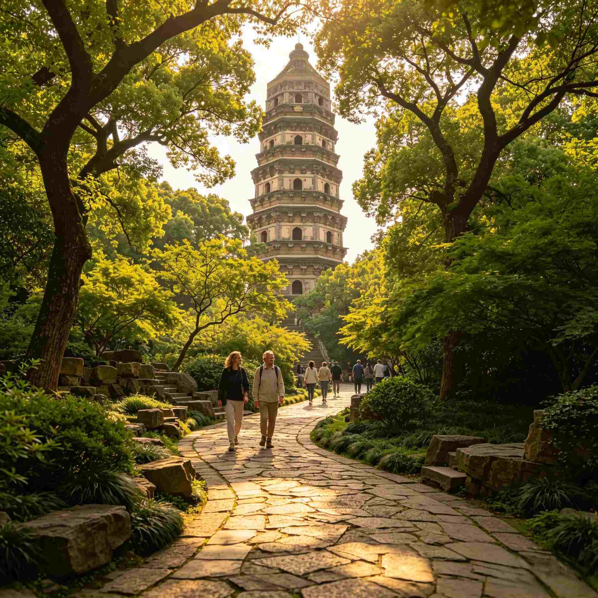 Tiger Hill Pagoda Suzhou, foreign travelers walk ancient forest path, classic Suzhou garden sightseeing