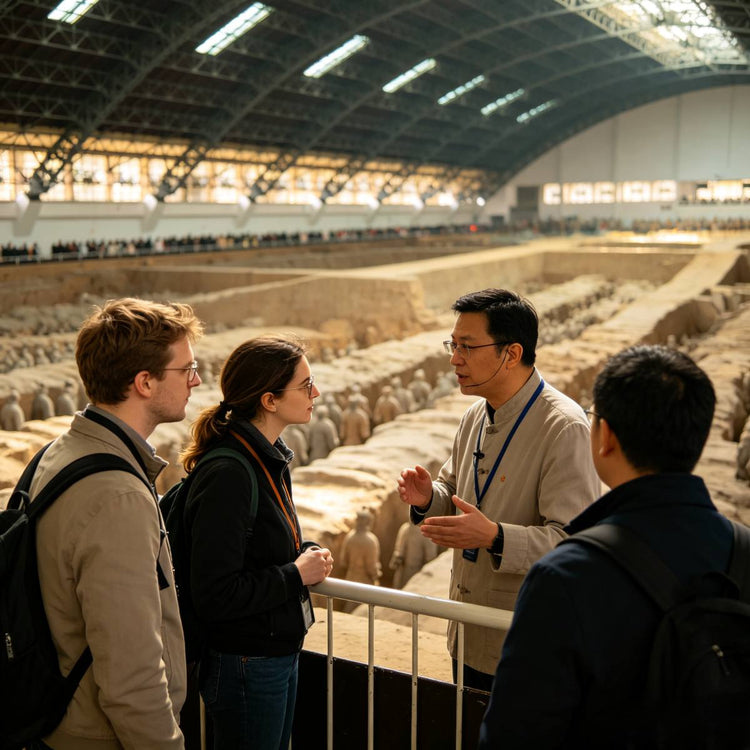 Local guide introducing history to western tourists in Terracotta Warriors Museum exhibition pit, Xi'an China