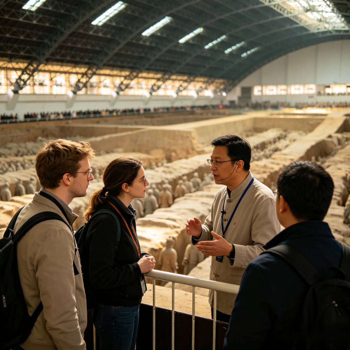 Local guide introducing history to western tourists at Terracotta Warriors Museum, Xi'an China