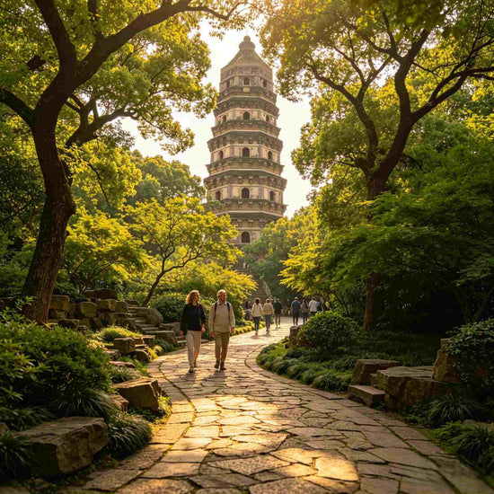 Tiger Hill Pagoda Suzhou, foreign travelers walk ancient forest path, classic Suzhou garden sightseeing