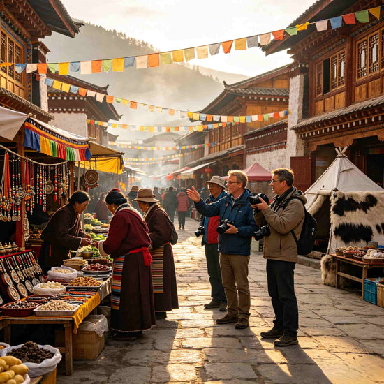 Traditional Tibetan market street in Songpan Ancient Town, visitors browsing local ethnic handicrafts