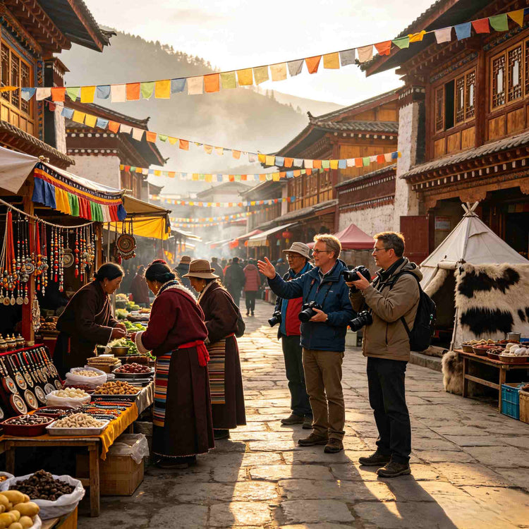 Traditional Tibetan market street in Songpan Ancient Town, visitors browsing local ethnic handicrafts