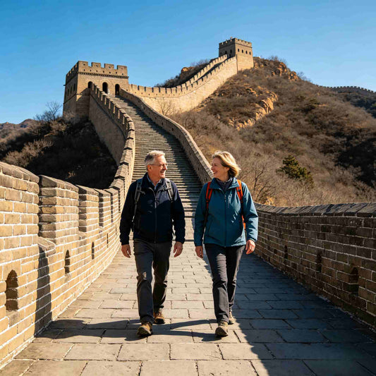 Happy senior Caucasian couple hiking on Badaling Great Wall during private Beijing day tour
