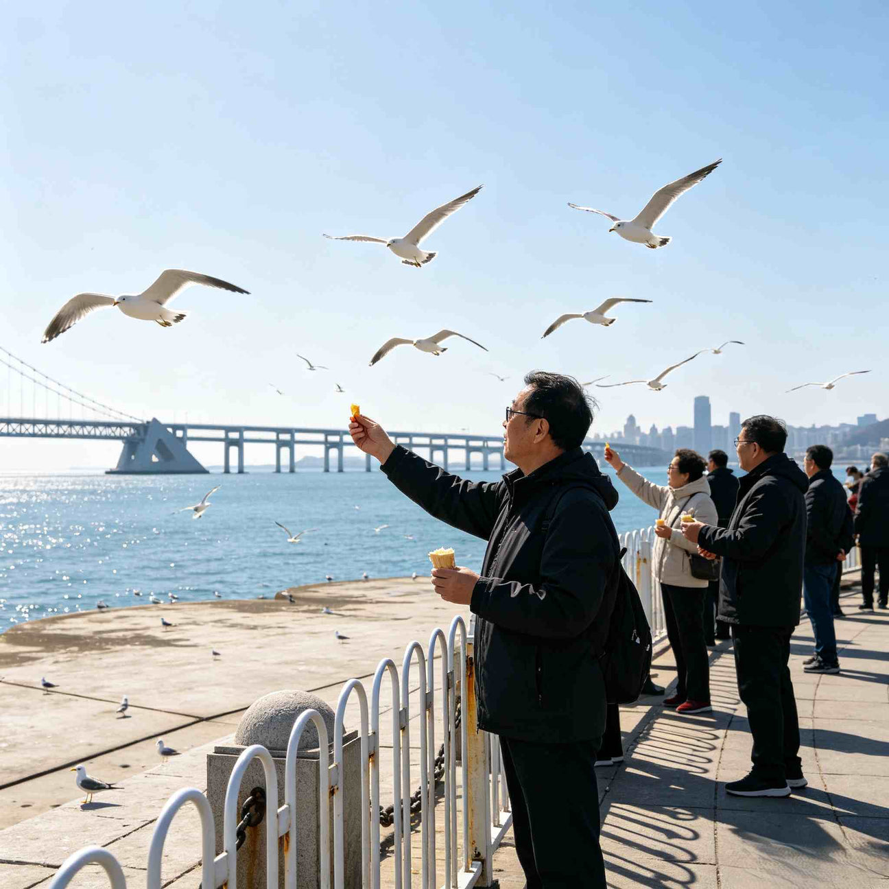 Tourists feeding seagulls at Xinghai Square with Xinghai Bay Bridge in background, Dalian
