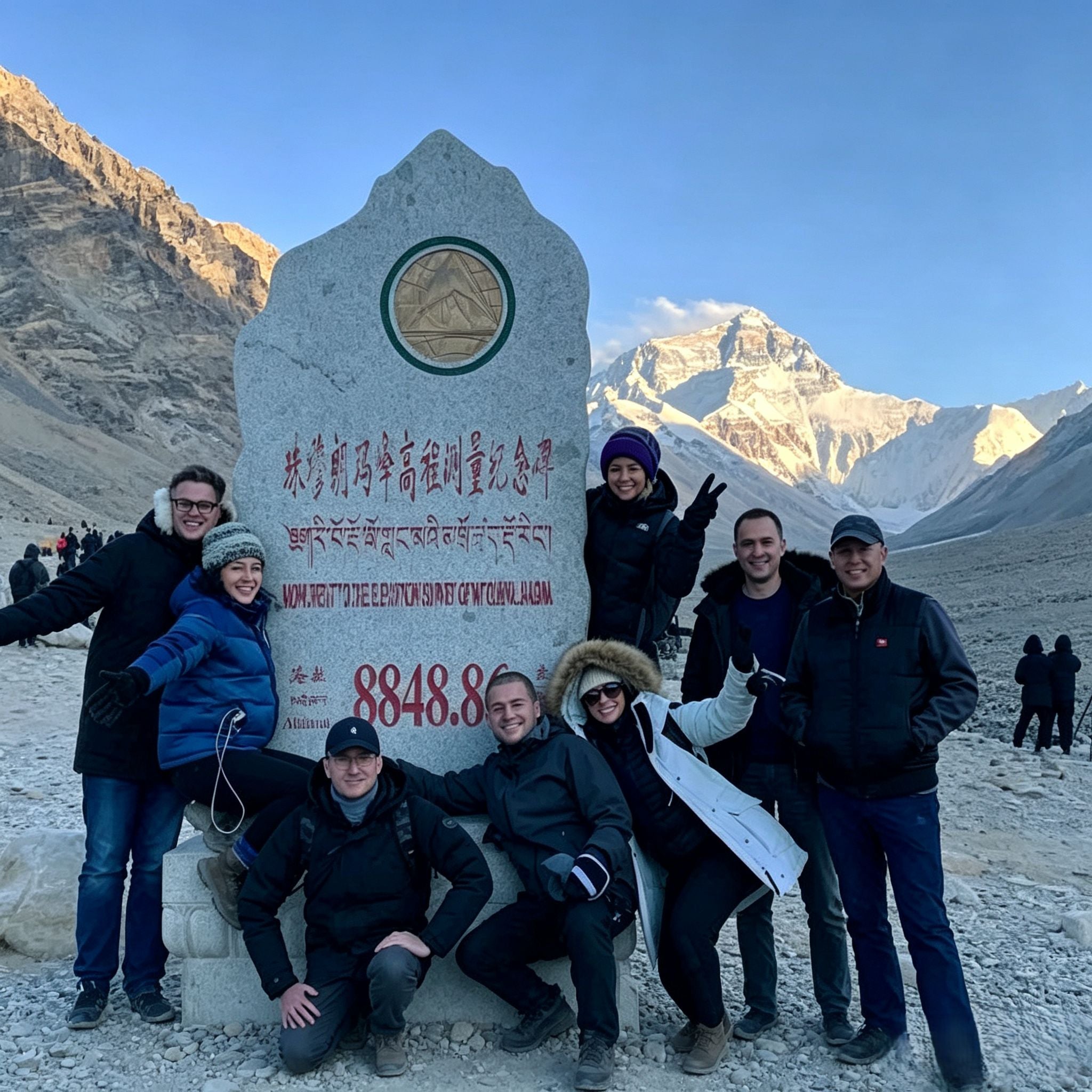 Foreign travelers taking group photo at Everest Base Camp monument, Tibet