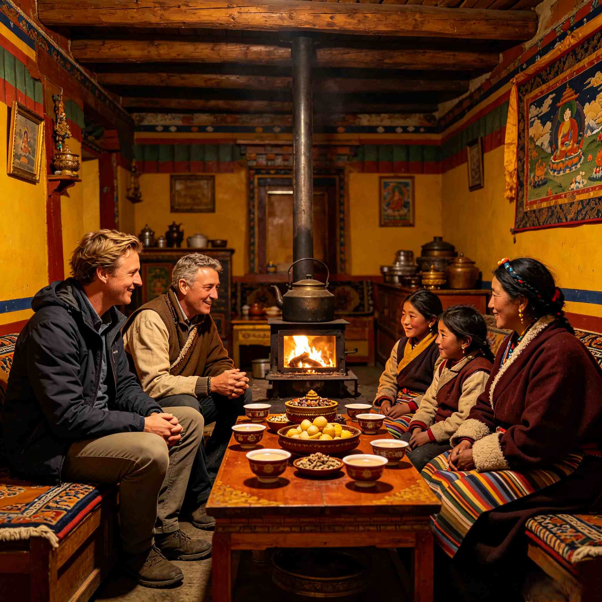 Authentic Tibetan family cultural experience, local host welcoming guests into traditional Tibetan home