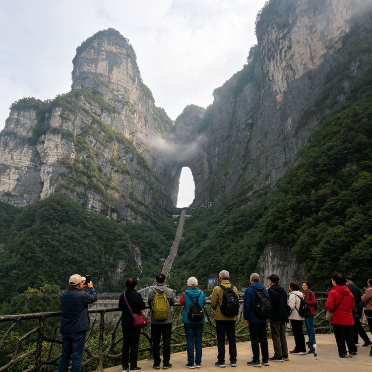 Tourists at Tianmen Cave viewpoint, Tianmen Mountain National Forest Park