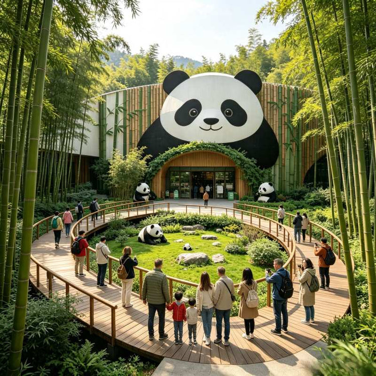 Giant Panda Centre entrance at Chimelong Safari Park with bamboo landscaping and walking visitors