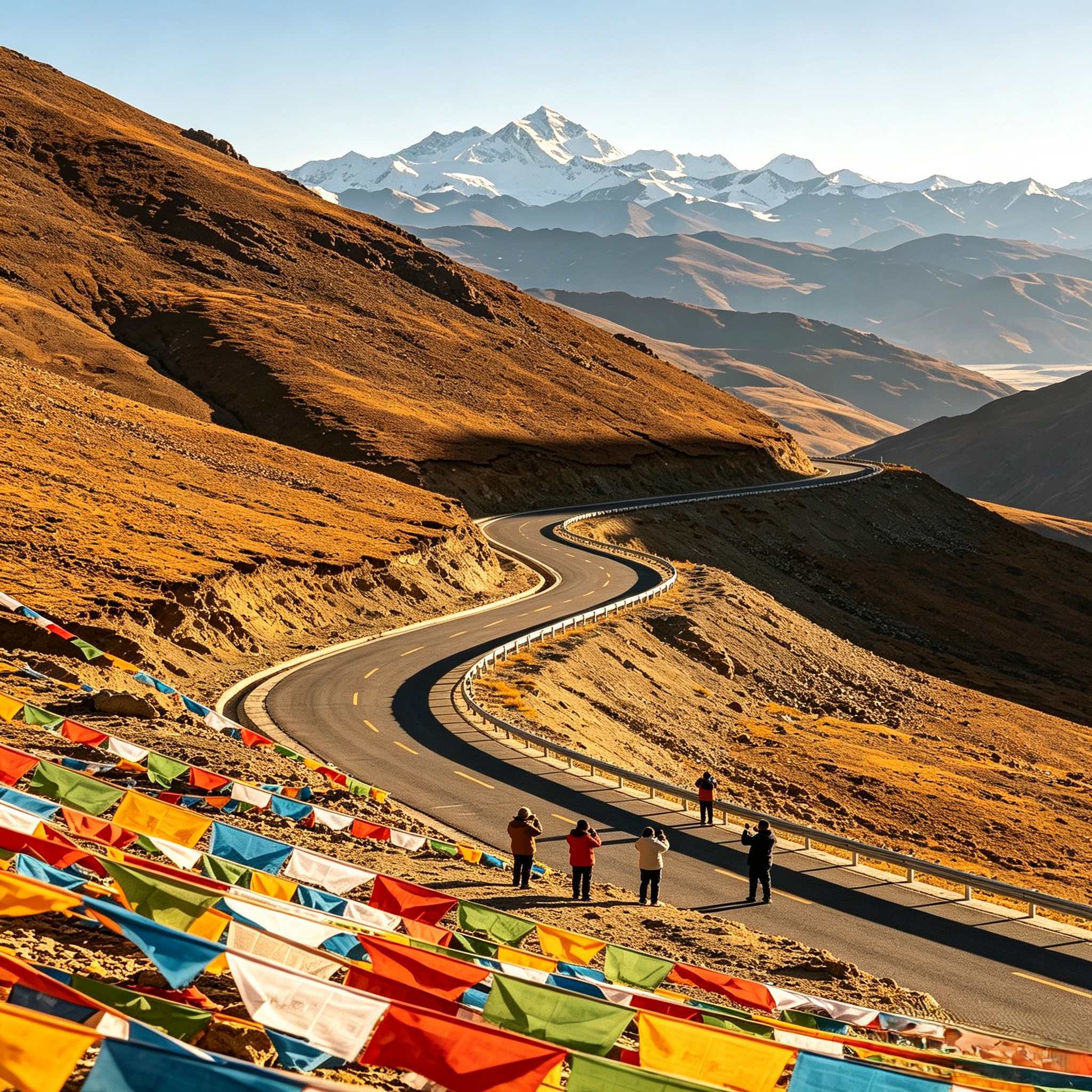 Winding high-altitude mountain road with prayer flags on the Everest route