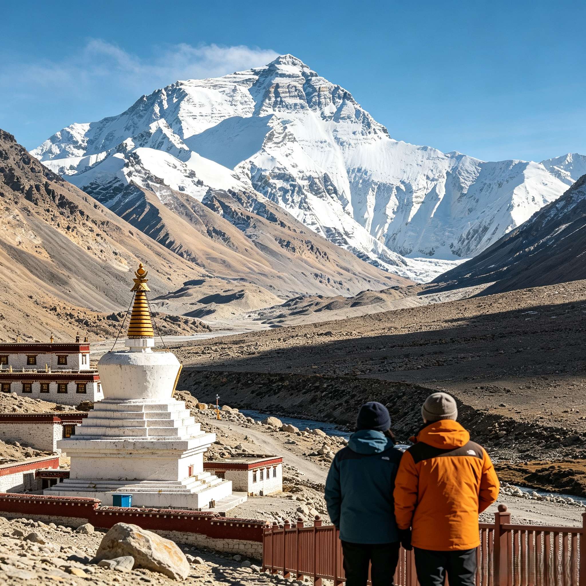 Everest view from Rongbuk Monastery with stupa and two travelers, Tibet