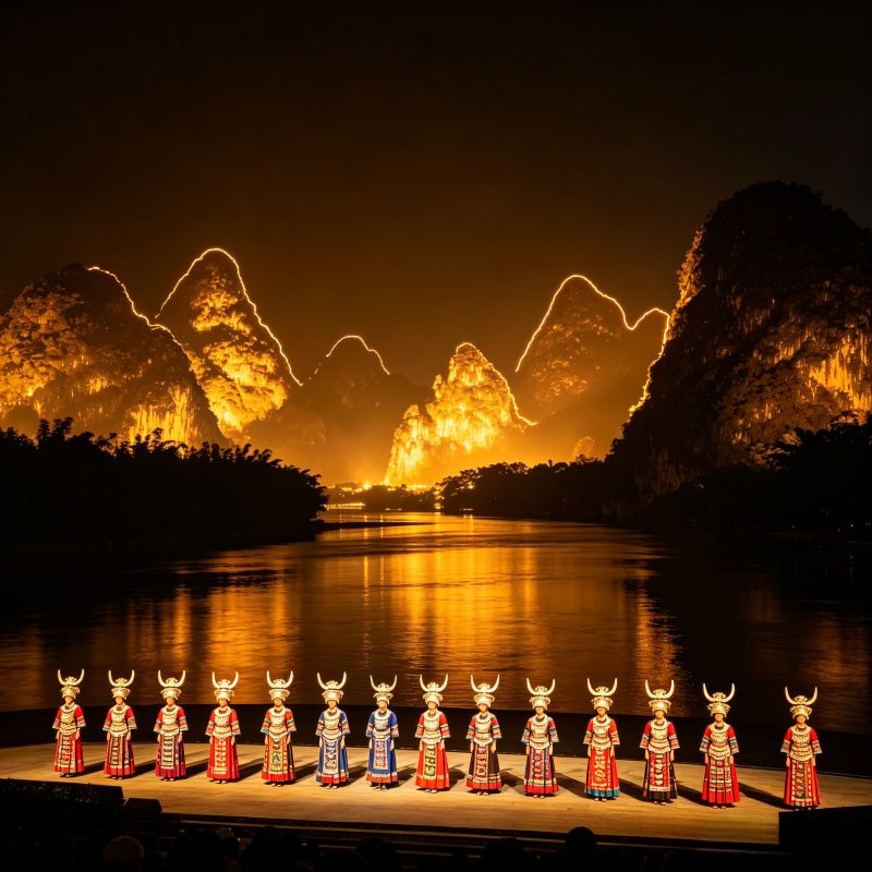 Impression Sanjie Liu open-air live performance, Li River and karst mountains as natural stage with colorful night lighting, Yangshuo, China
