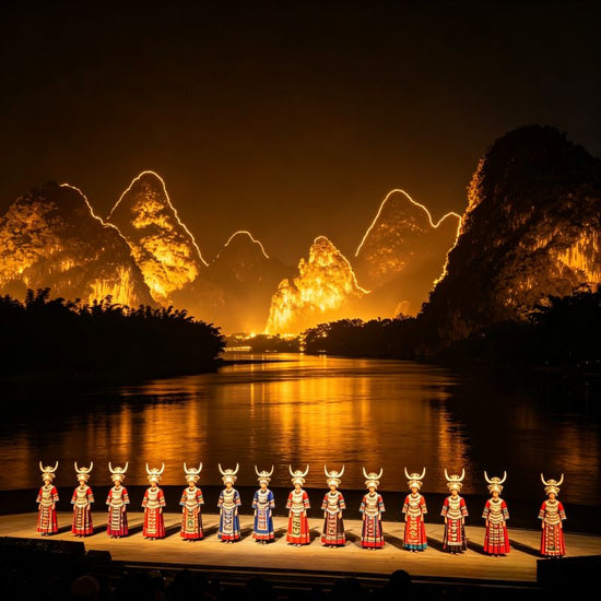 Impression Sanjie Liu open-air live performance, Li River and karst mountains as natural stage with colorful night lighting, Yangshuo, China
