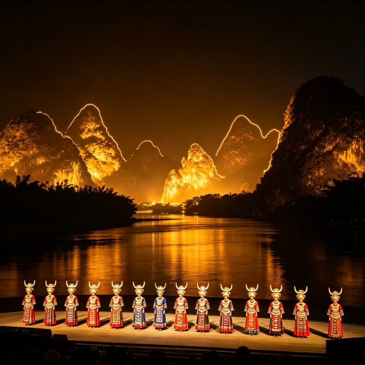 Impression Sanjie Liu open-air live performance, Li River and karst mountains as natural stage with colorful night lighting, Yangshuo, China
