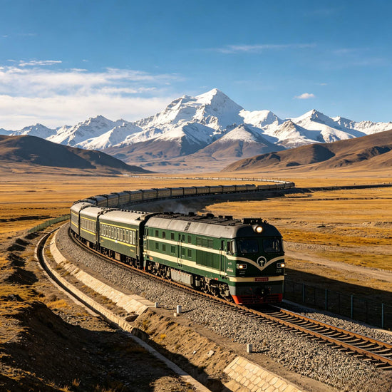 Green long-distance train traveling across the Tibetan plateau en route to Lhasa