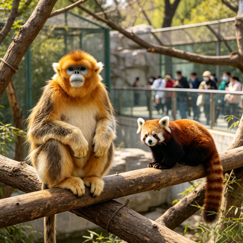 Golden snub-nosed monkey and red panda resting on tree branch at Beijing Zoo, rare wild animal in China