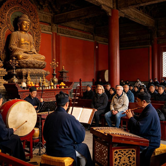 Zhihua Temple ancient Jing Music performance in Buddha hall with audience on a private Beijing culture tour