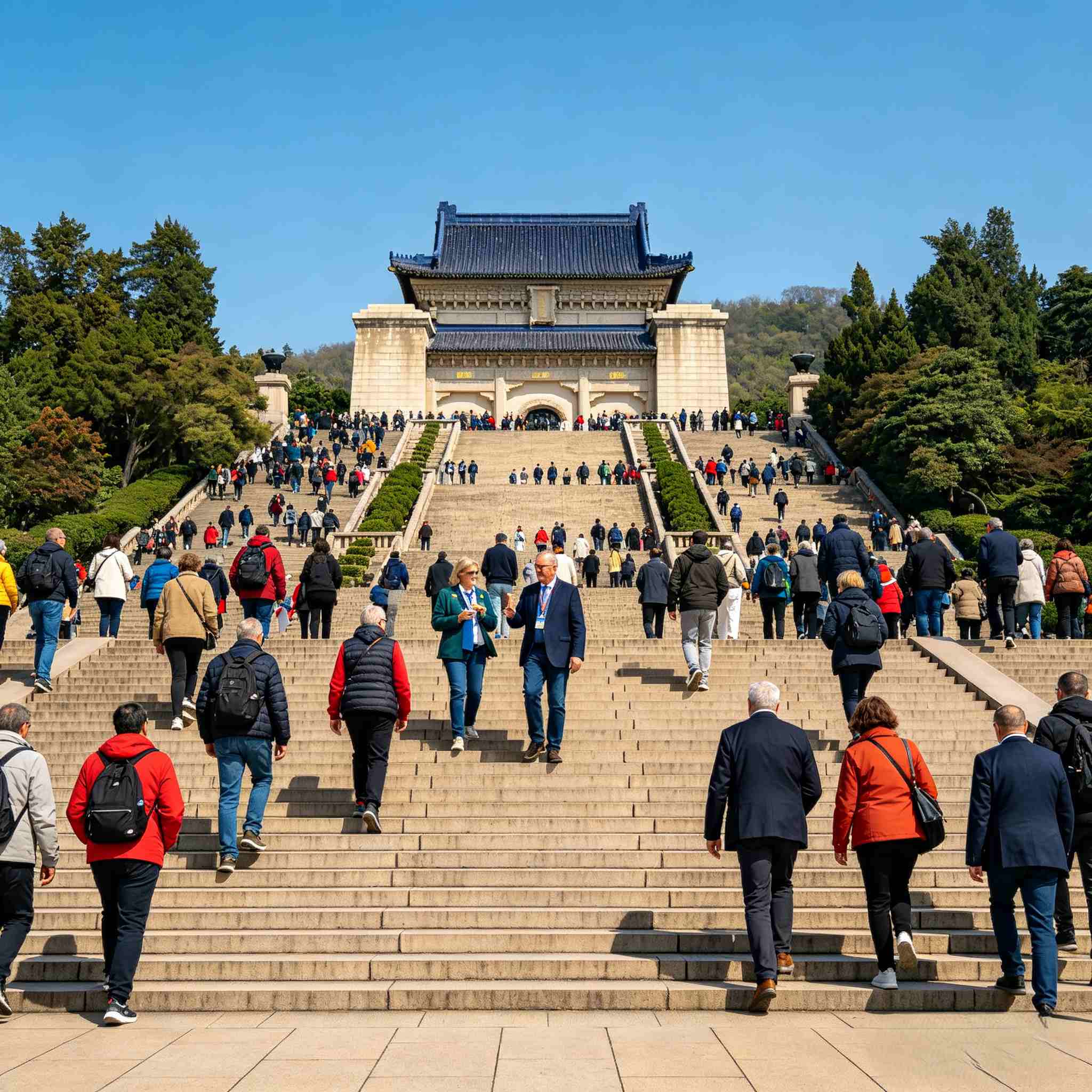 Group of tourists climbing the grand staircase of Sun Yat-sen Mausoleum, private Nanjing city tour