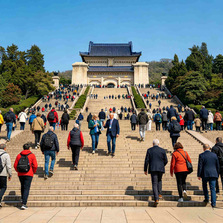 Group of tourists climbing the grand staircase of Sun Yat-sen Mausoleum, private Nanjing city tour