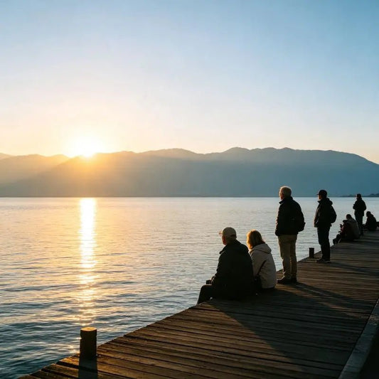 Longkan Wharf sunrise over Erhai Lake, tourists viewing sunrise by lakeside, Dali