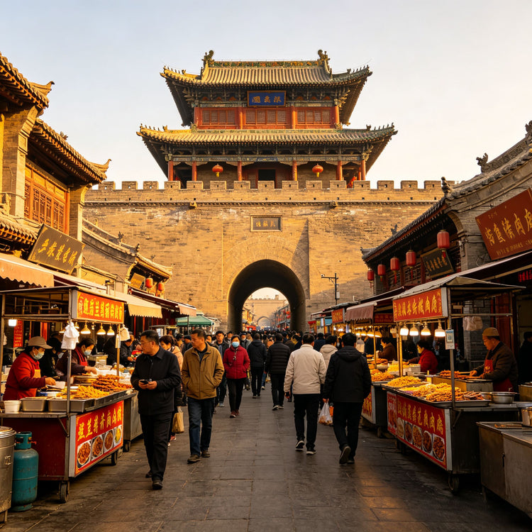 Xi'an ancient city gate with bustling pedestrian street and local stalls