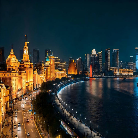Night scenery of The Bund historic European buildings alongside Huangpu River Shanghai private guided tour