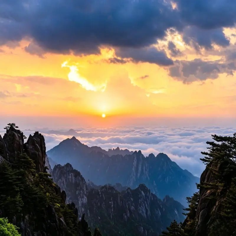 Huangshan Mountain sunrise sea of clouds, golden dawn light over granite peaks and layered mist, iconic Chinese natural wonder, China inbound travel attraction