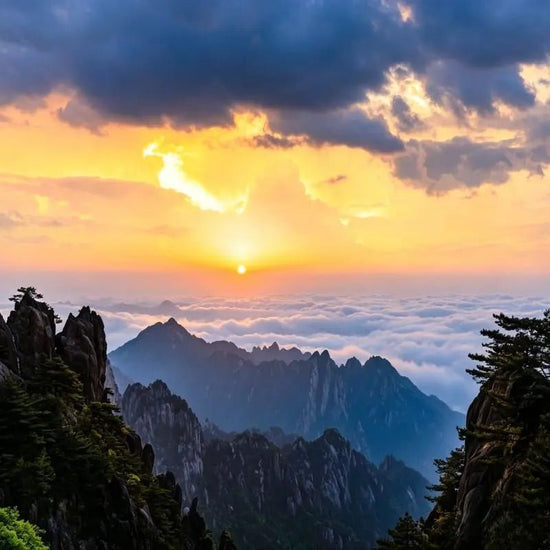 Huangshan Mountain sunrise sea of clouds, golden dawn light over granite peaks and layered mist, iconic Chinese natural wonder, China inbound travel attraction