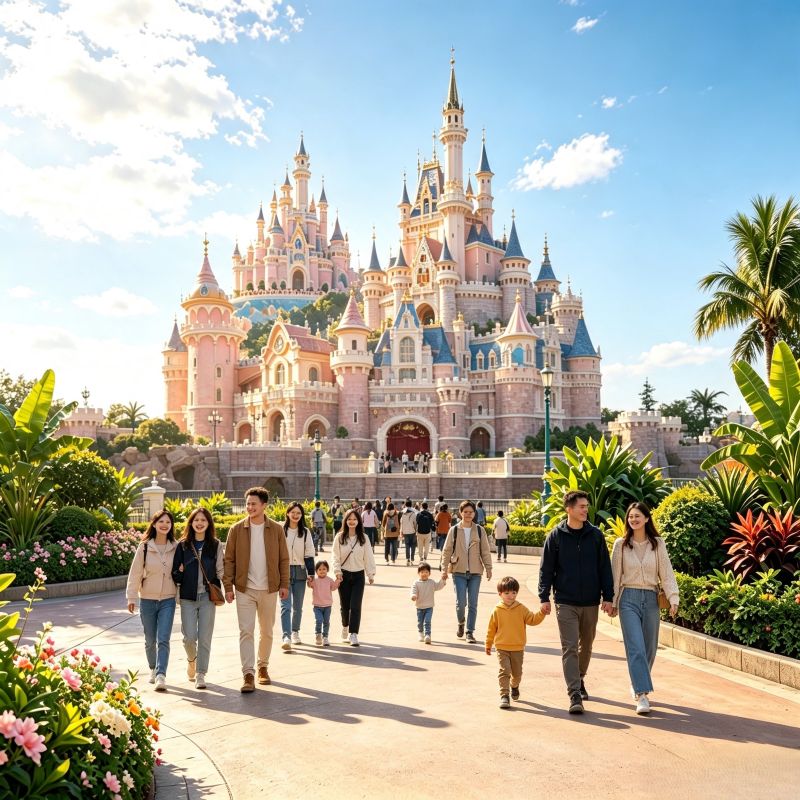 Enchanted Storybook Castle at Shanghai Disneyland, daytime view with visitors walking along the main avenue