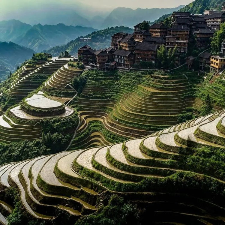 Longji Rice Terraces with traditional wooden village on hillside, water-filled terraced fields Longsheng Guangxi China